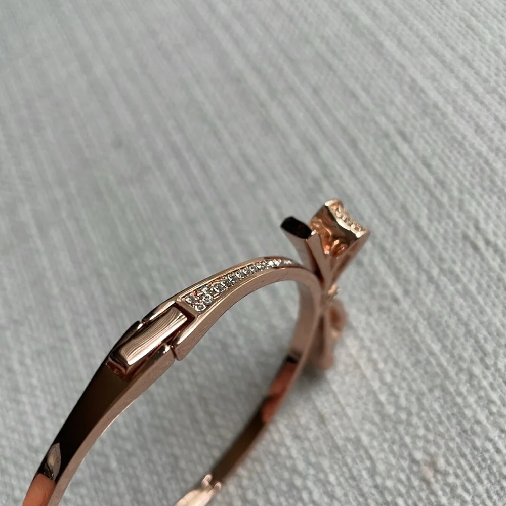 Kate Spade Love Note Rose Gold Bow Rhinestone Hinge Bangle Bracelet - Picture 2 of 9